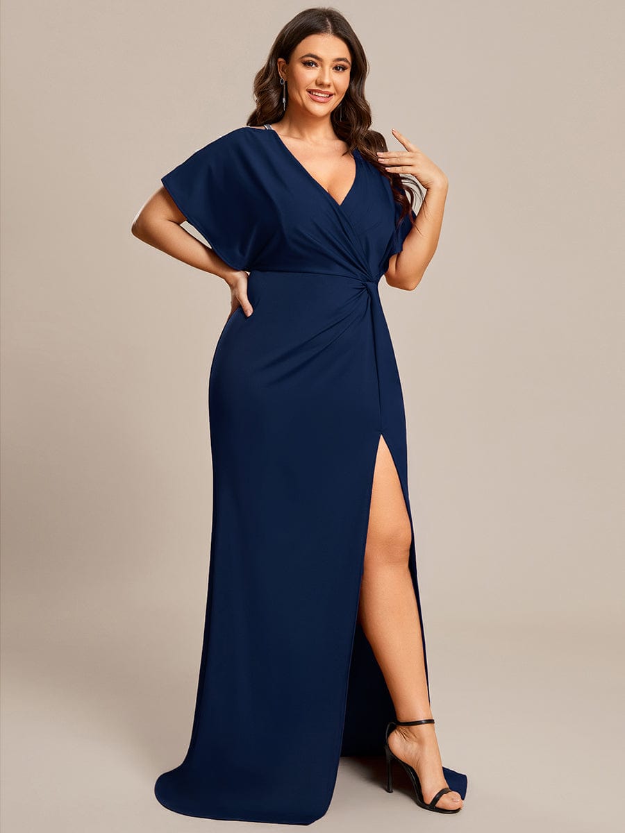 Plus Size Sequin Sleeve High Split Evening Dress with Pleated #color_Navy Blue