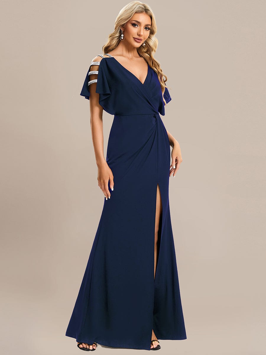Pleated High Slit Hollow Out Sequin Sleeve V-Neck Formal Evening Dress