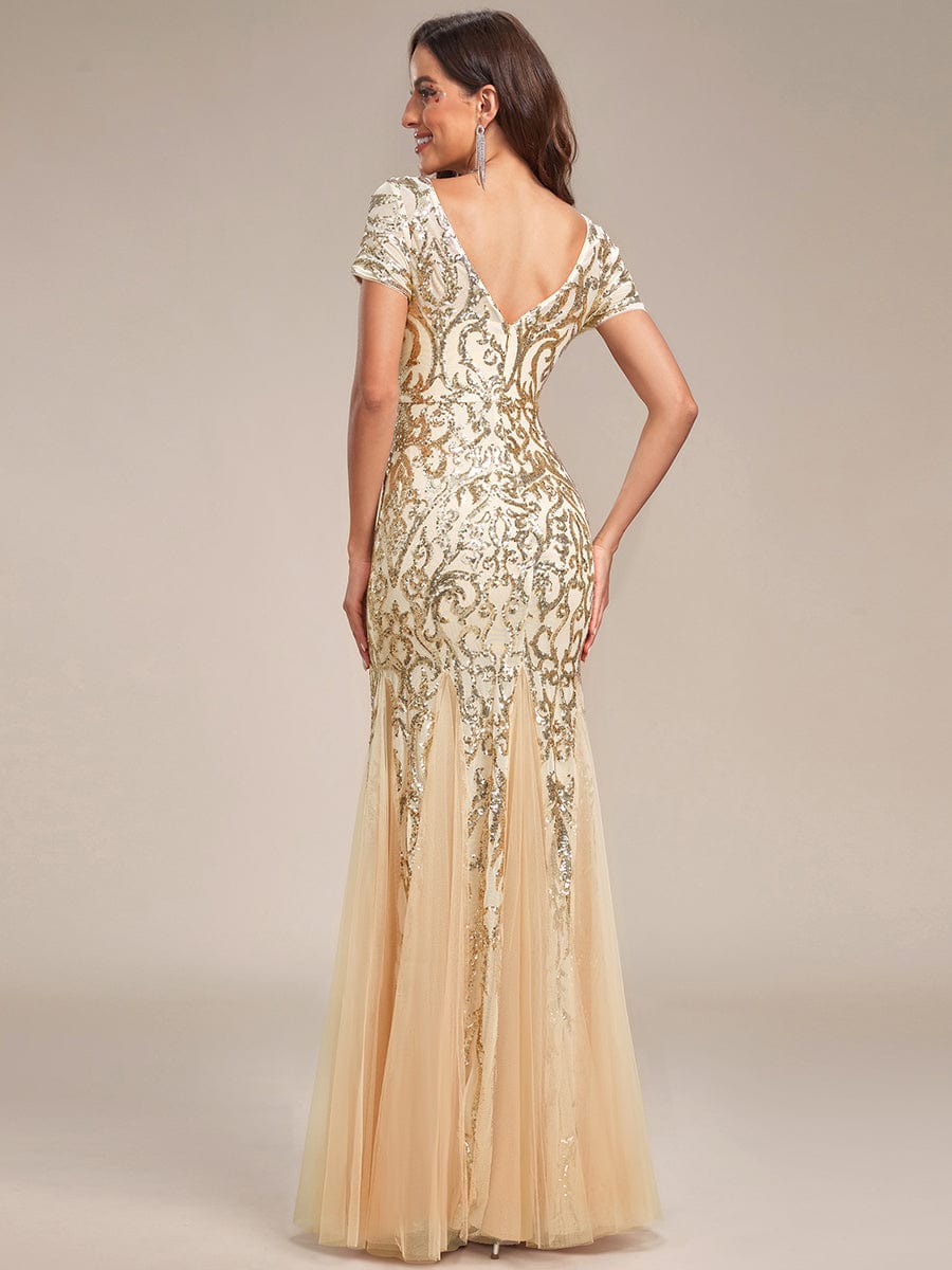 Luxurious Sequin Bodycon Round Neckline Mermaid Evening Dress #color_Gold