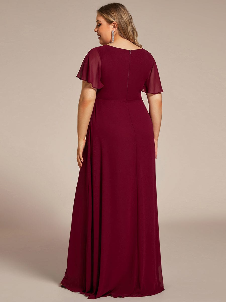 Plus Size High Split Louts Leaf Empire Waist Chiffon Evening Dress #color_Burgundy