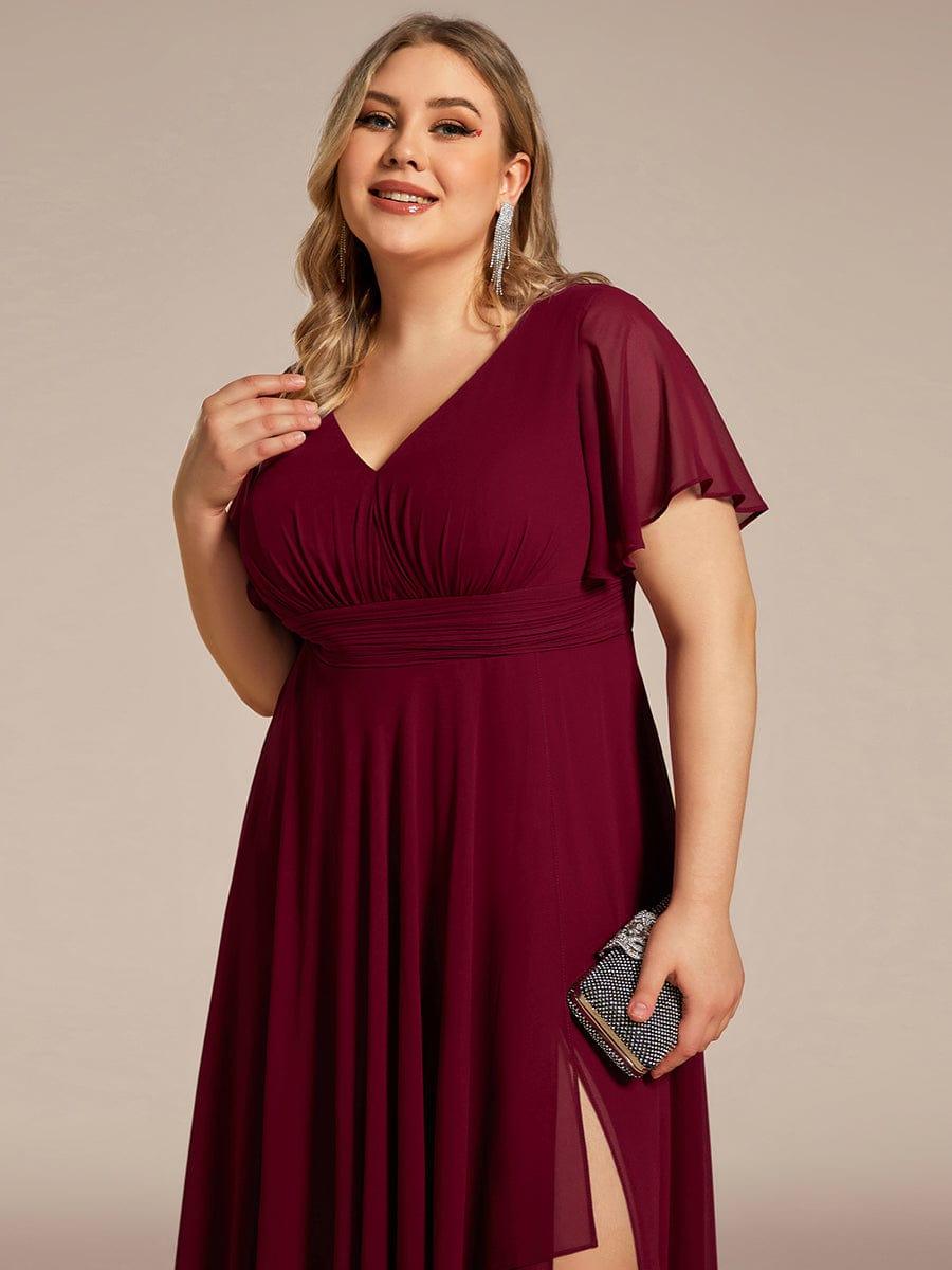 Ruffles Sleeve High Split with Louts Leaf Chiffon Evening Dress #color_Burgundy