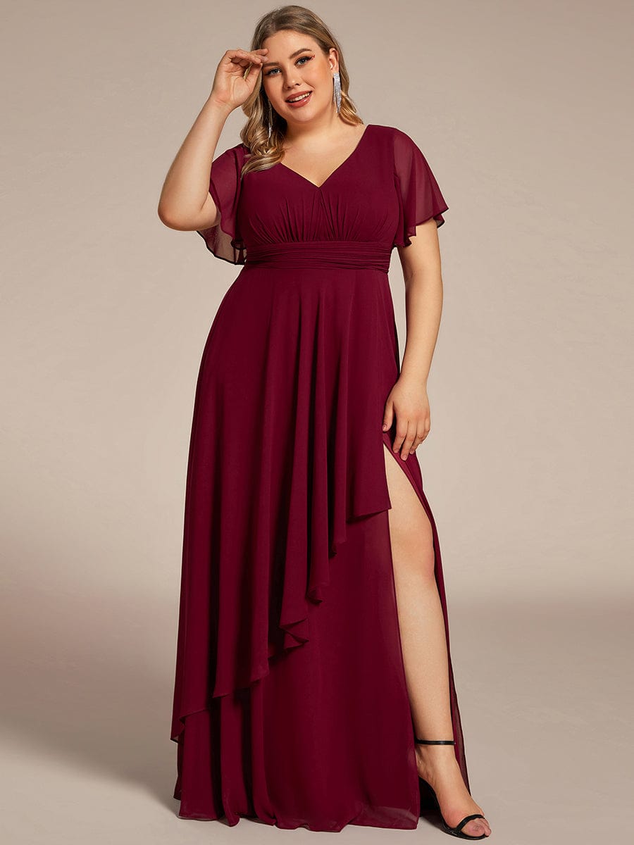 Plus Size High Split Louts Leaf Empire Waist Chiffon Evening Dress #color_Burgundy