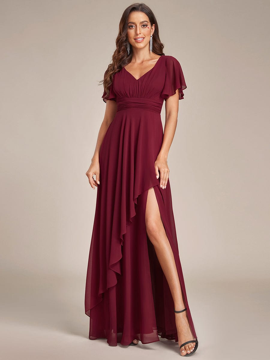 Ruffles Sleeve High Split with Louts Leaf Chiffon Evening Dress #color_Burgundy