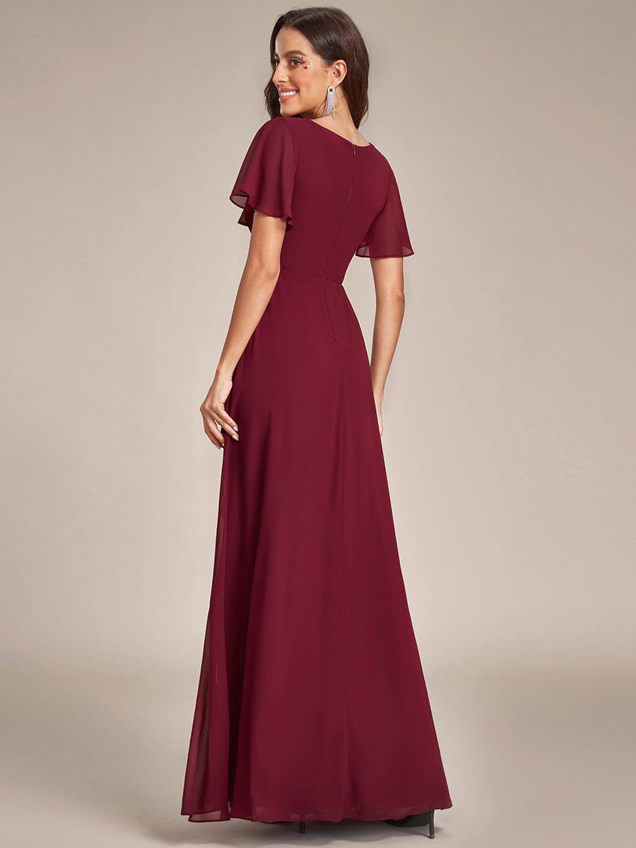 Ruffles Sleeve High Split with Louts Leaf Chiffon Evening Dress #color_Burgundy