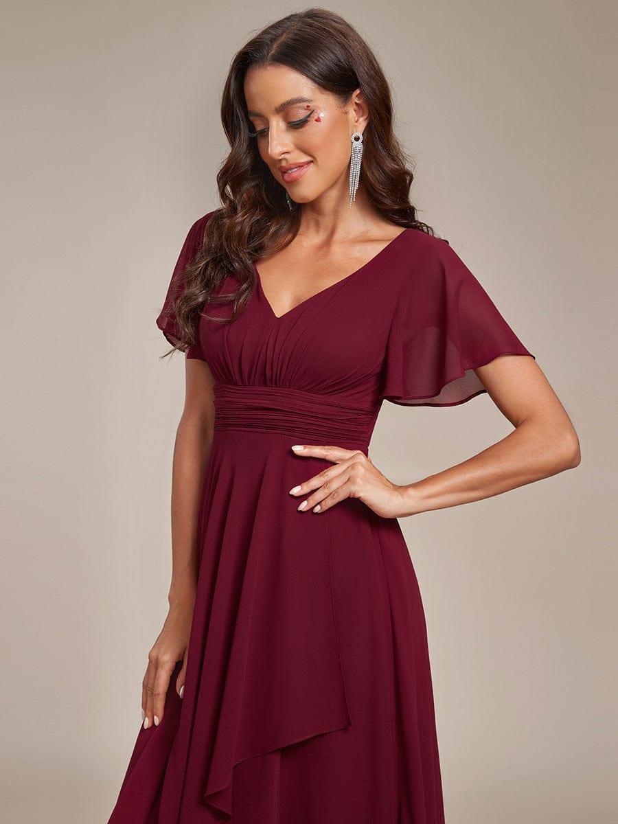 Ruffles Sleeve High Split with Louts Leaf Chiffon Evening Dress #color_Burgundy