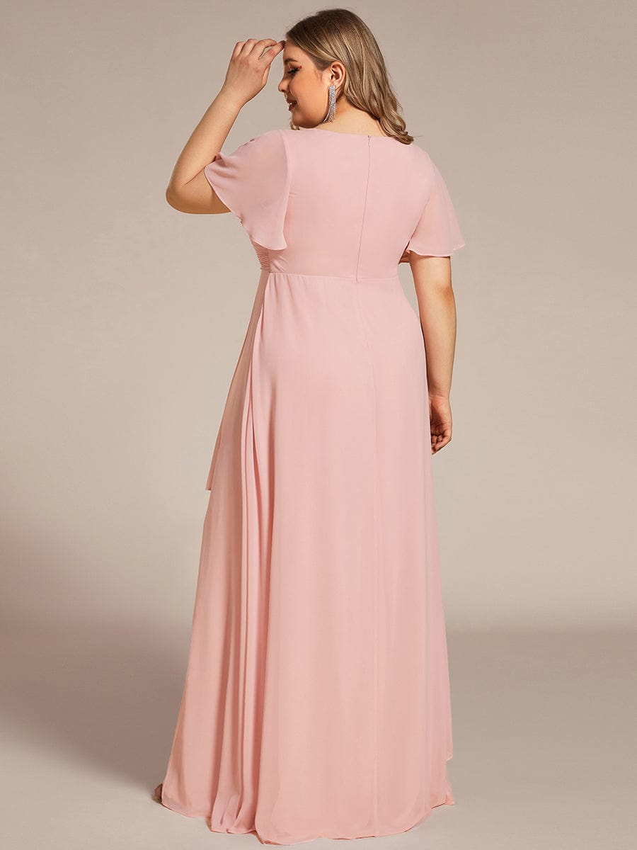 Plus Size High Split Louts Leaf Empire Waist Chiffon Evening Dress #color_Pink