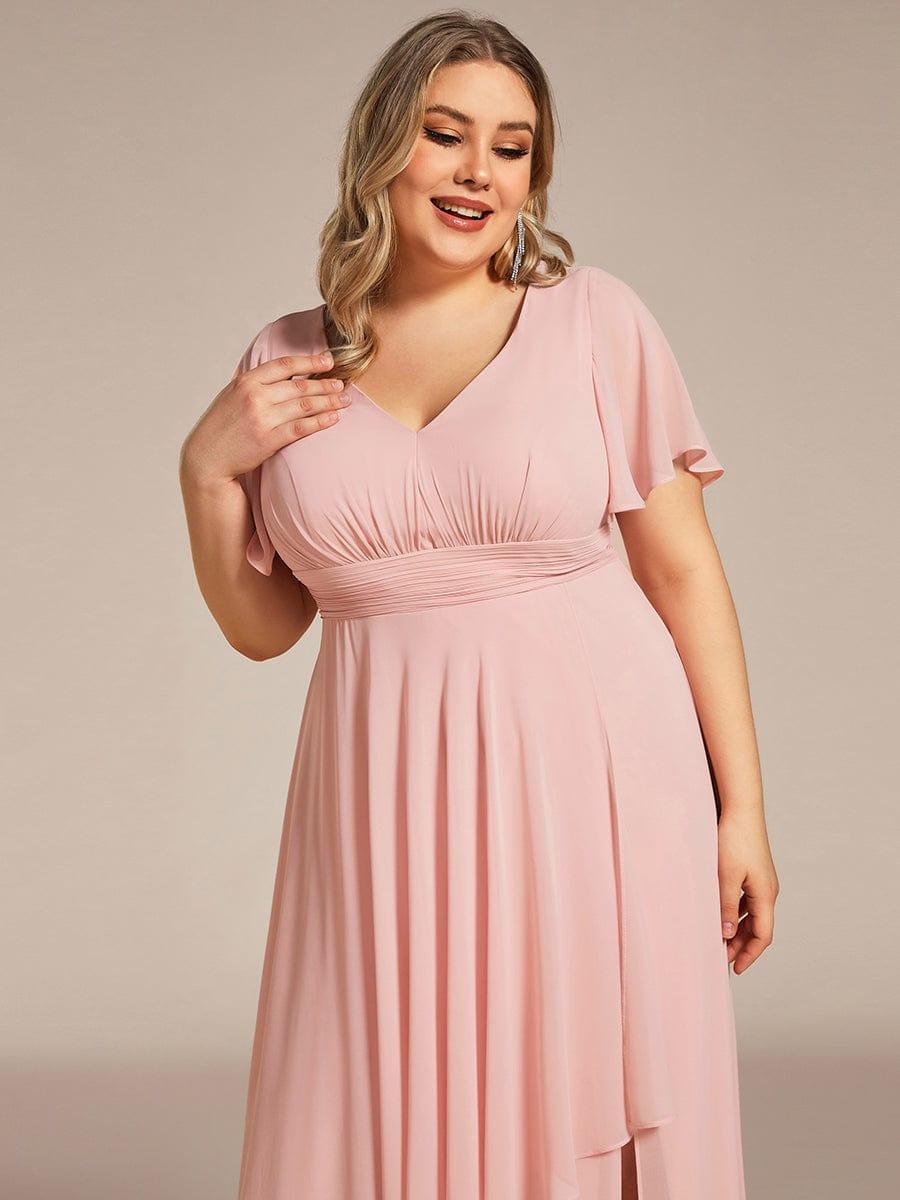 Ruffles Sleeve High Split with Louts Leaf Chiffon Evening Dress #color_Pink