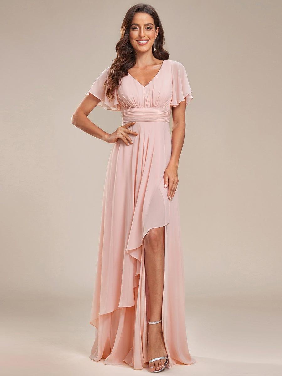Ruffles Sleeve High Split with Louts Leaf Chiffon Evening Dress #color_Pink
