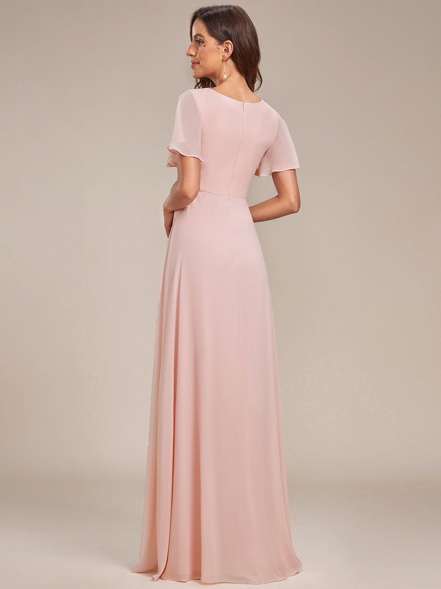 Ruffles Sleeve High Split with Louts Leaf Chiffon Evening Dress #color_Pink