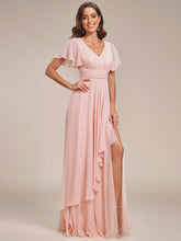 Ruffles Sleeve High Split with Louts Leaf Chiffon Evening Dress #color_Pink