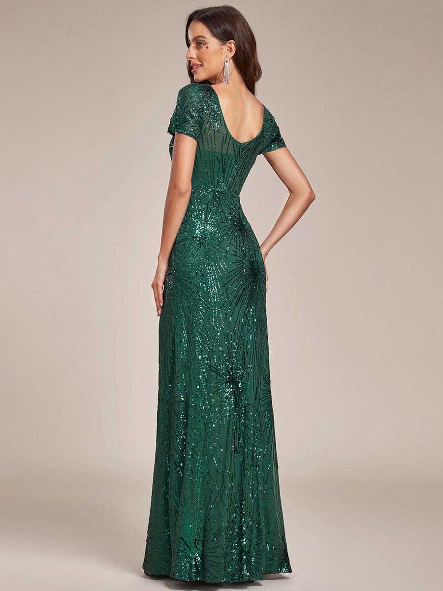 Fireworks Embroidered Sequins Backless Bodycon Evening Dress #color_Dark Green