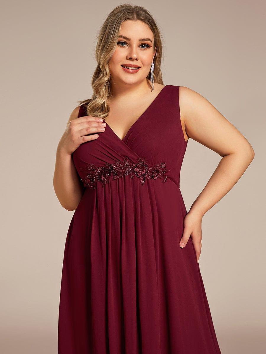 Plus Size Floral Applique Sleeveless Chiffon Formal Evening Dress #color_Burgundy