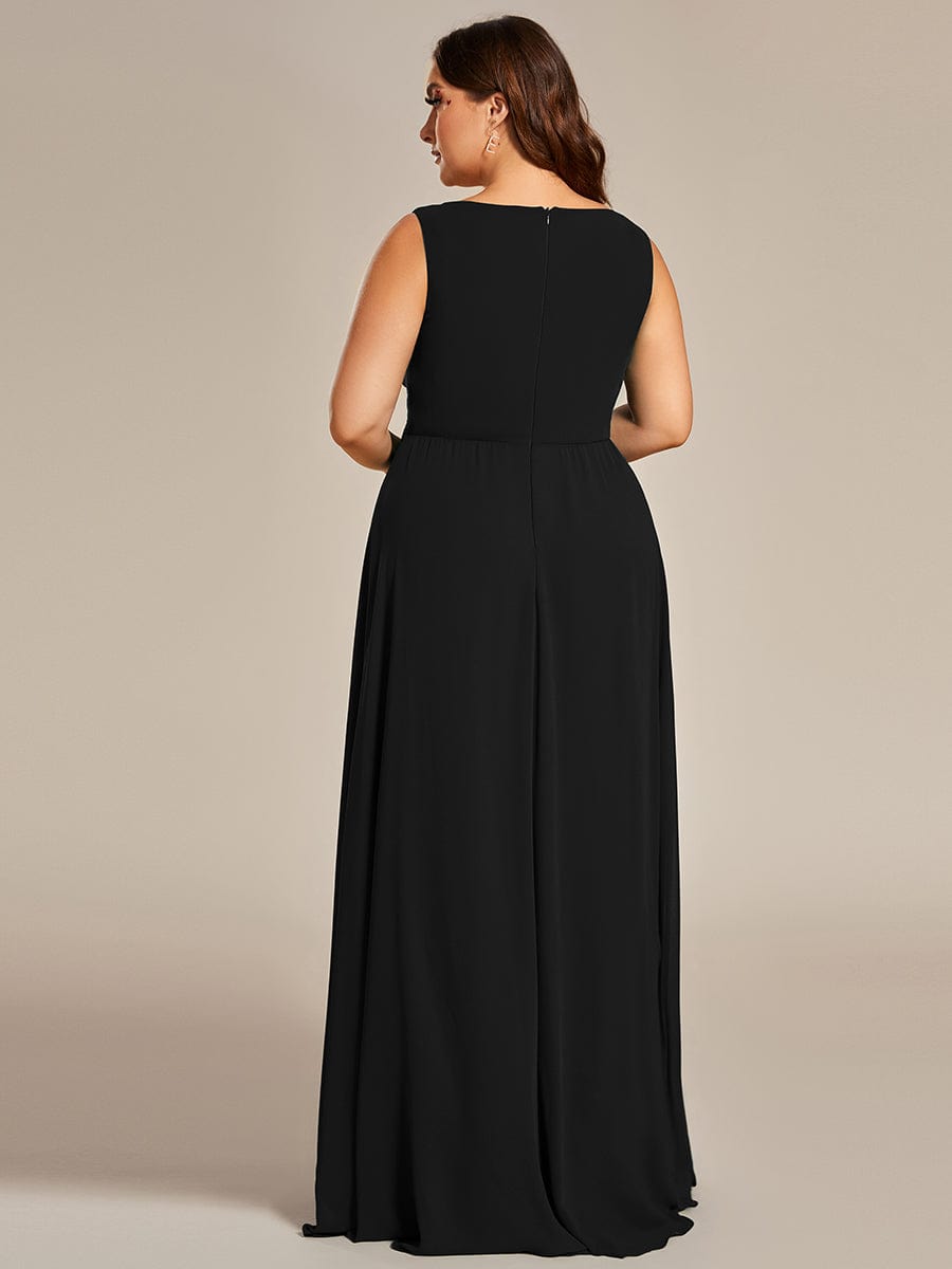Plus Size Floral Applique Sleeveless Chiffon Formal Evening Dress #color_Black