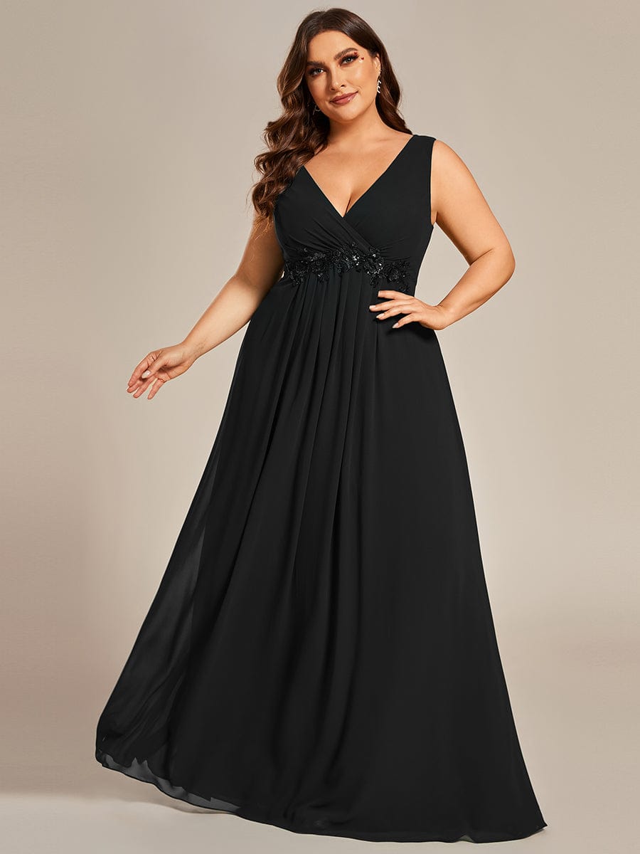 Plus Size Floral Applique Sleeveless Chiffon Formal Evening Dress #color_Black