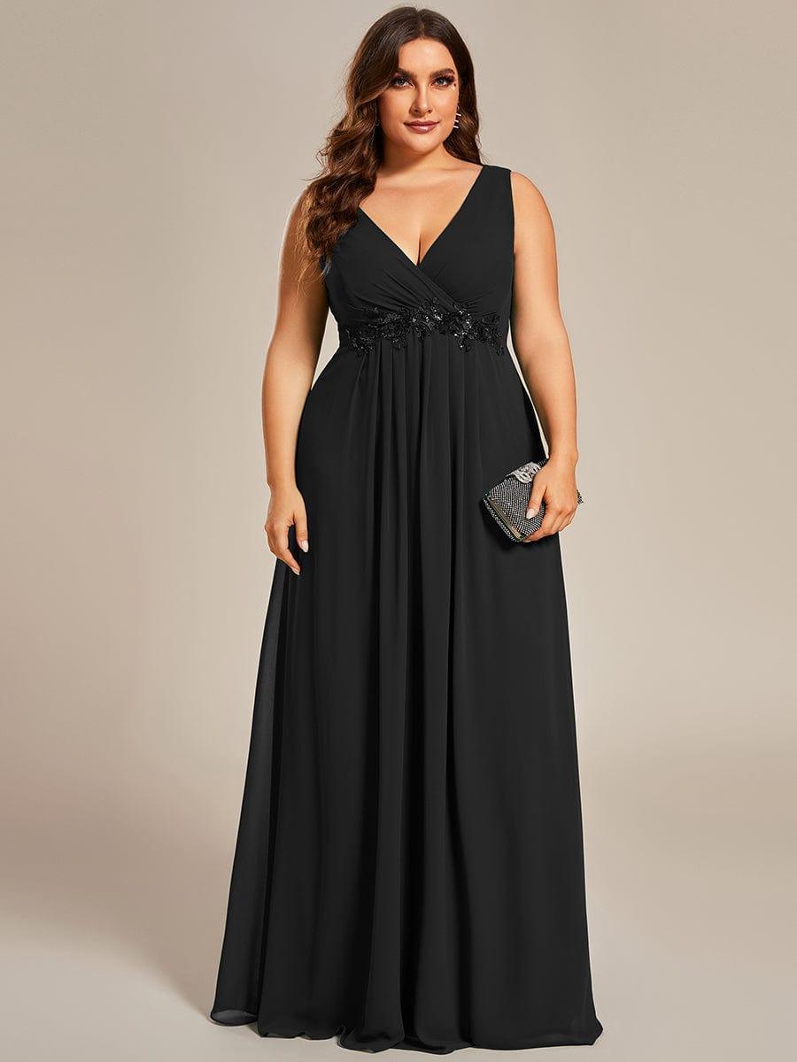 Floral Applique Sleeveless Chiffon Long Formal Evening Dress #color_Black
