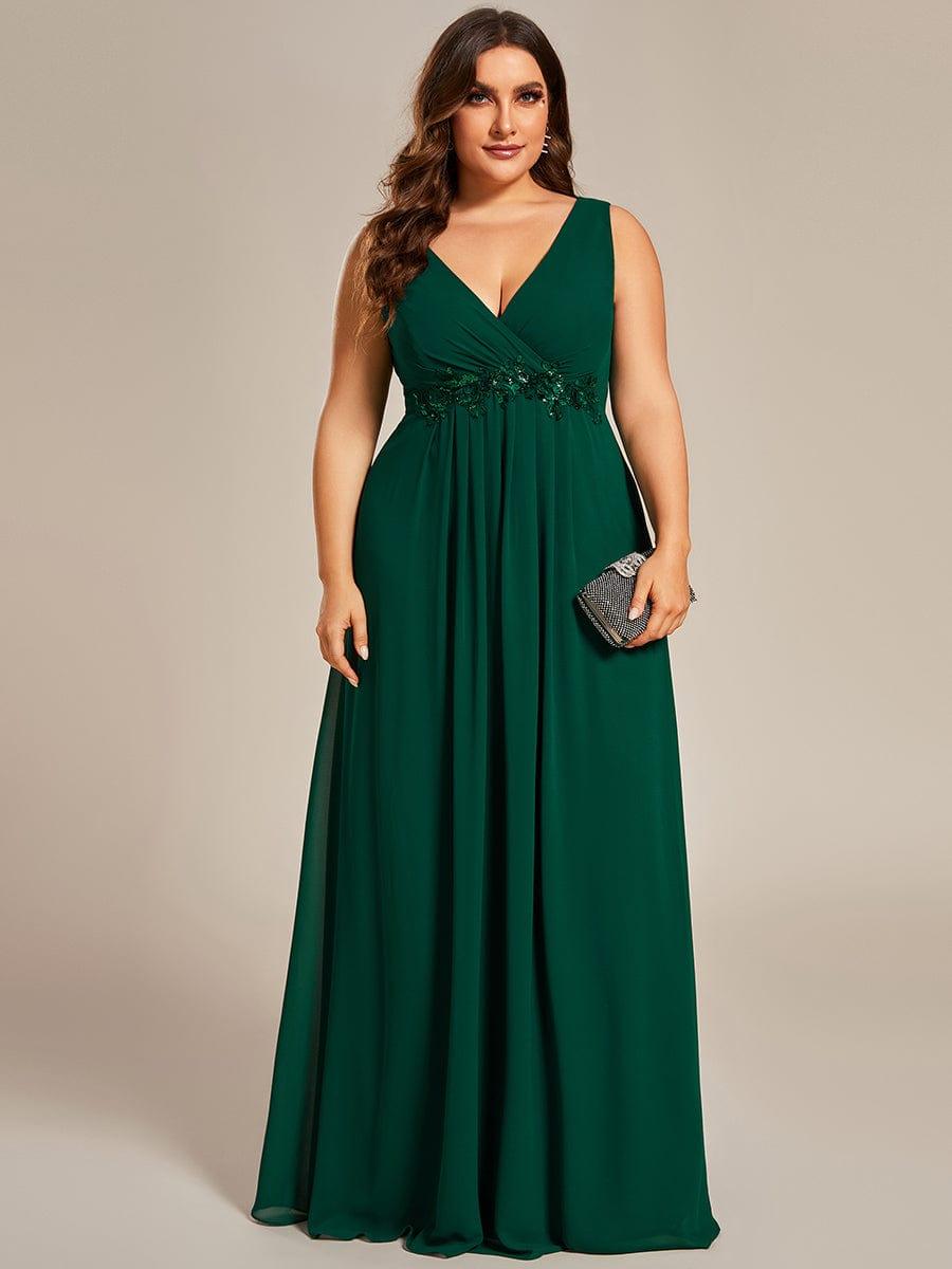 Floral Applique Sleeveless Chiffon Long Formal Evening Dress #color_Dark Green