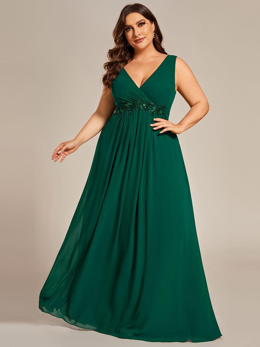 Plus Size Floral Applique Sleeveless Chiffon Formal Evening Dress #color_Dark Green