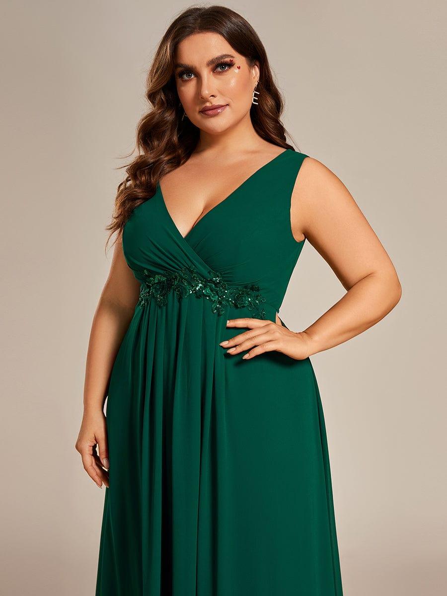 Floral Applique Sleeveless Chiffon Long Formal Evening Dress #color_Dark Green