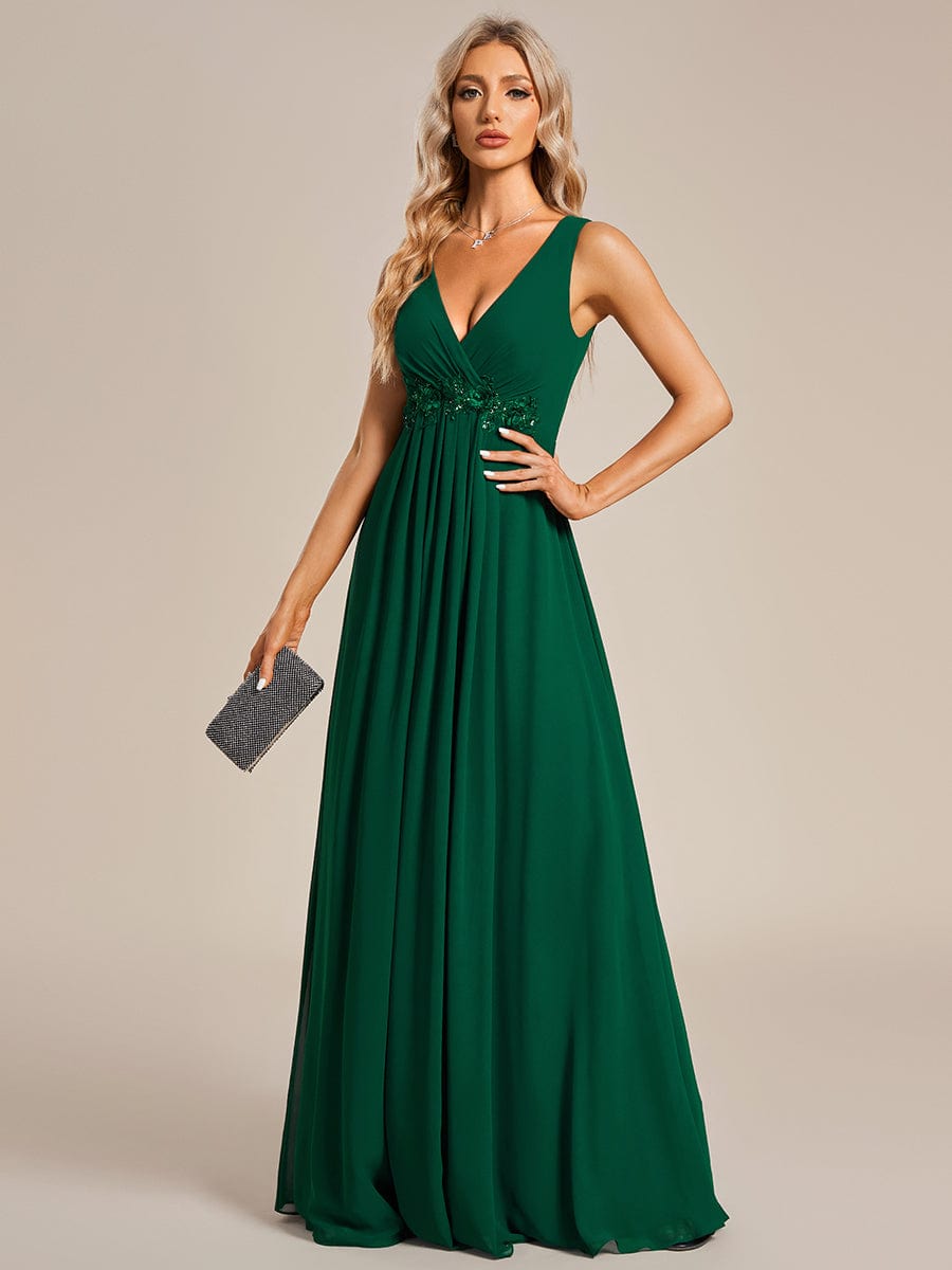 Floral Applique Sleeveless Chiffon Long Formal Evening Dress #color_Dark Green