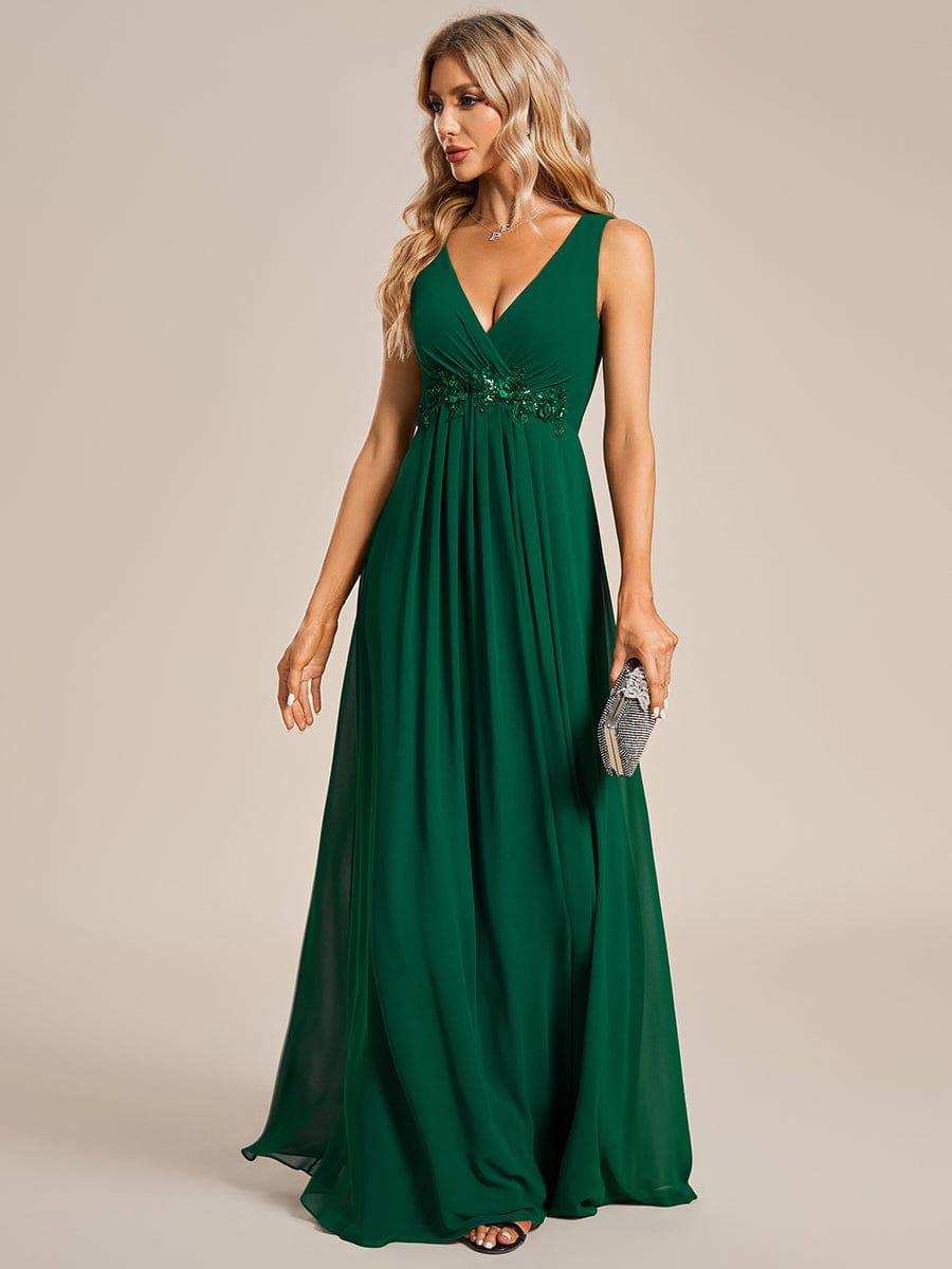 Floral Applique Sleeveless Chiffon Long Formal Evening Dress #color_Dark Green