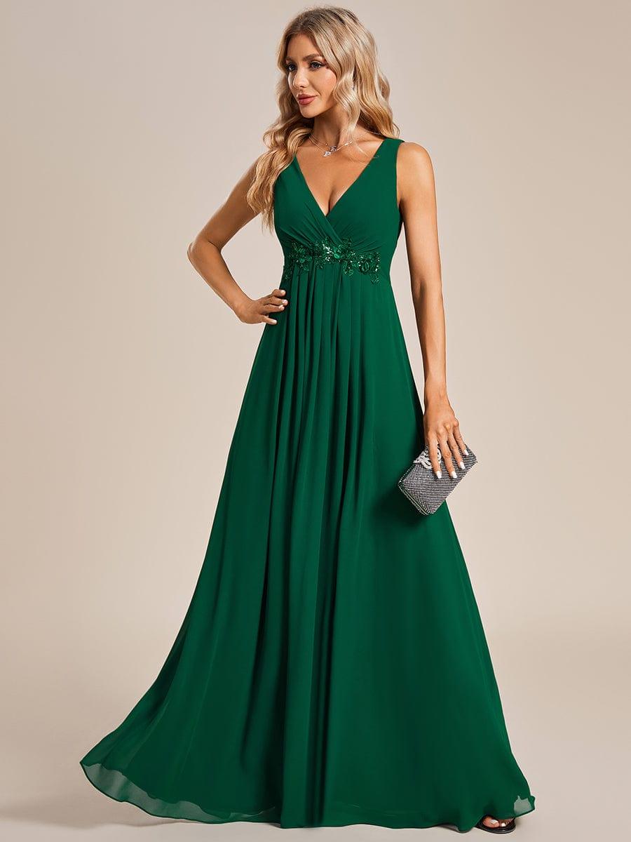 Floral Applique Sleeveless Chiffon Long Formal Evening Dress #color_Dark Green