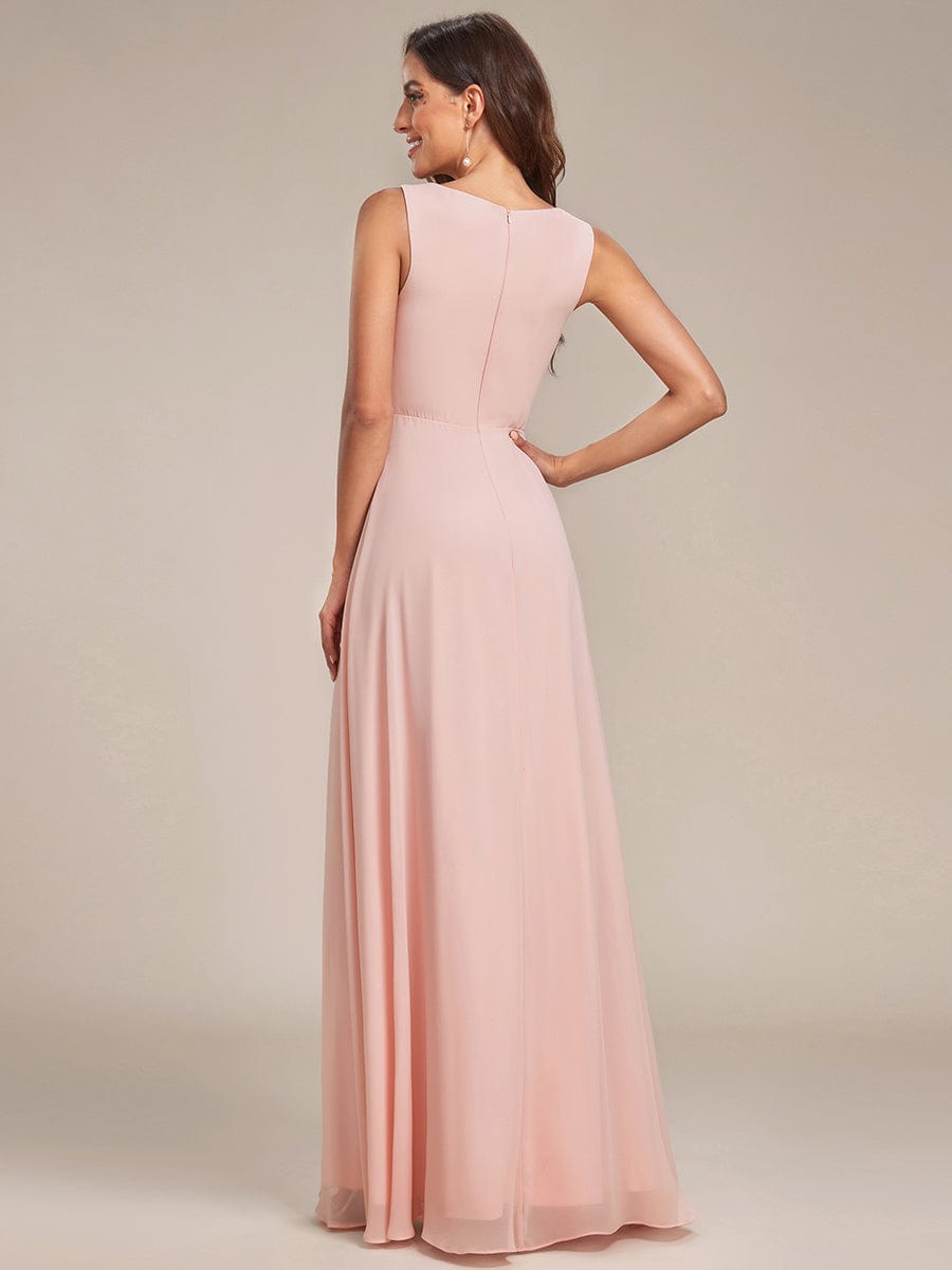 Floral Applique Sleeveless Chiffon Long Formal Evening Dress #color_Pink