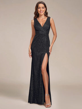 Shiny Sleeveless Sequin Deep V-Neck High Slit Evening Dress