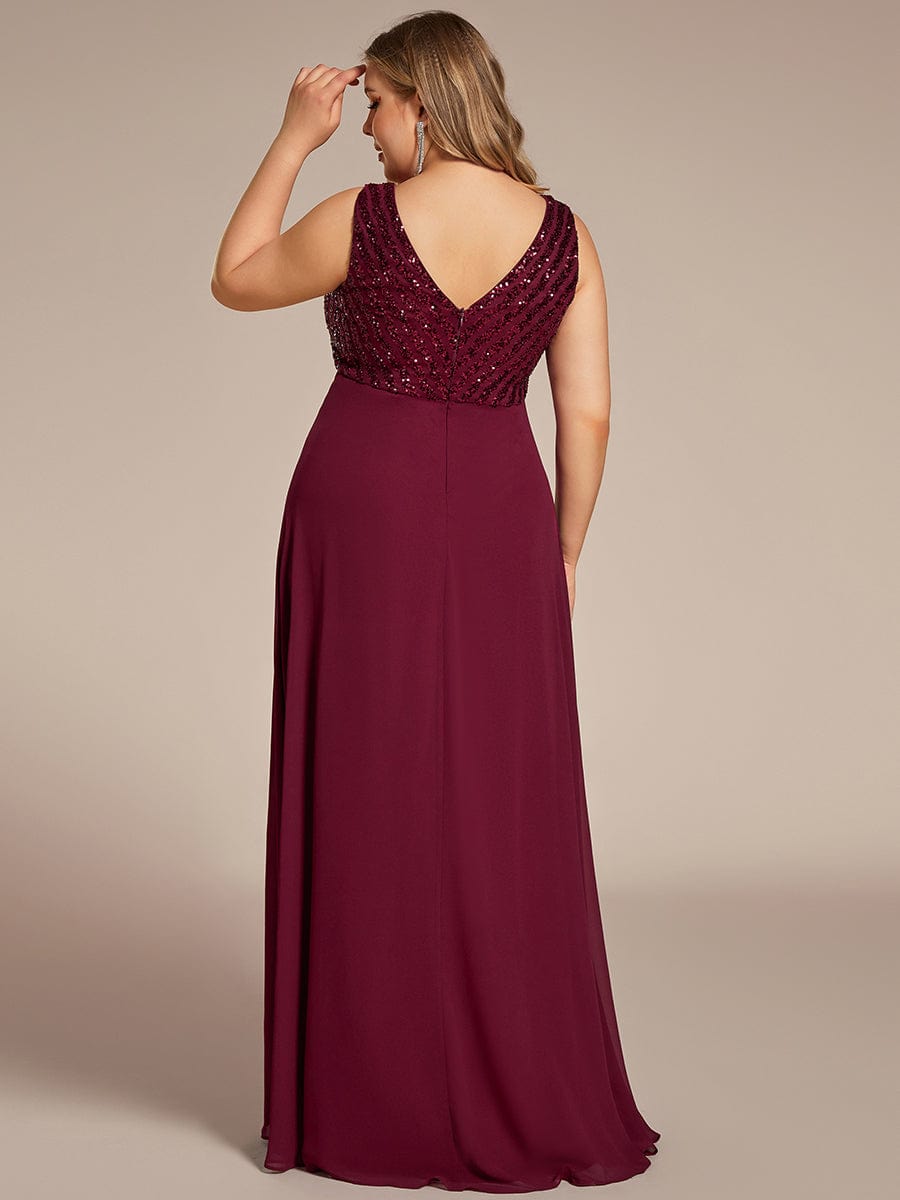 Plus Size Sequin Sleeveless Double V-Neck Formal Evening Dress #color_Burgundy