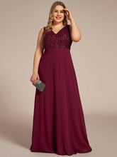 Plus Size Sequin Sleeveless Double V-Neck Formal Evening Dress #color_Burgundy