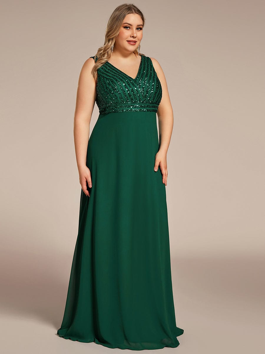 Plus Size Sequin Sleeveless Double V-Neck Formal Evening Dress #color_Dark Green