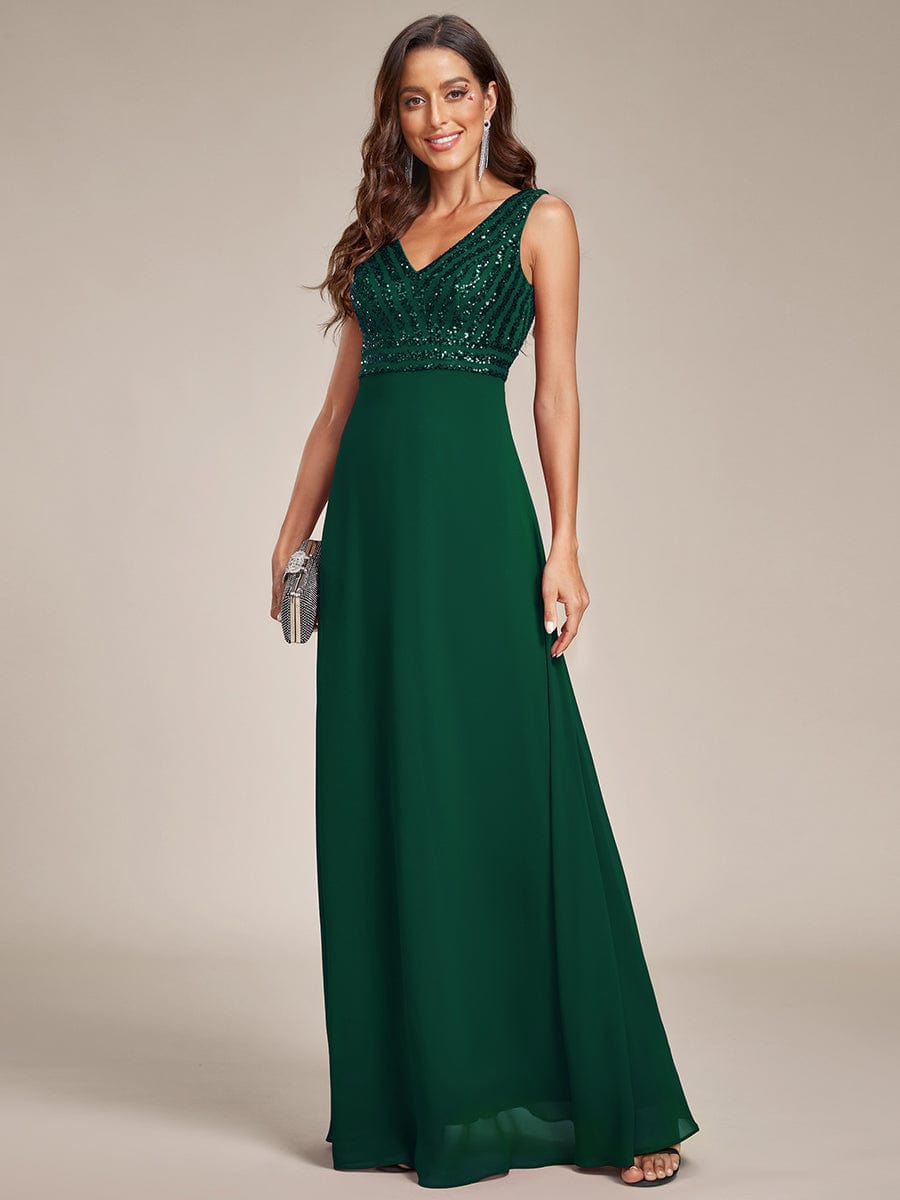 Sequin Sleeveless Double V-Neck Formal Evening Dress #color_Dark Green