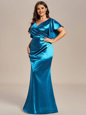 Plus Size Pleated Bodycon Ruffles Sleeve High Stretch Satin Evening Dress