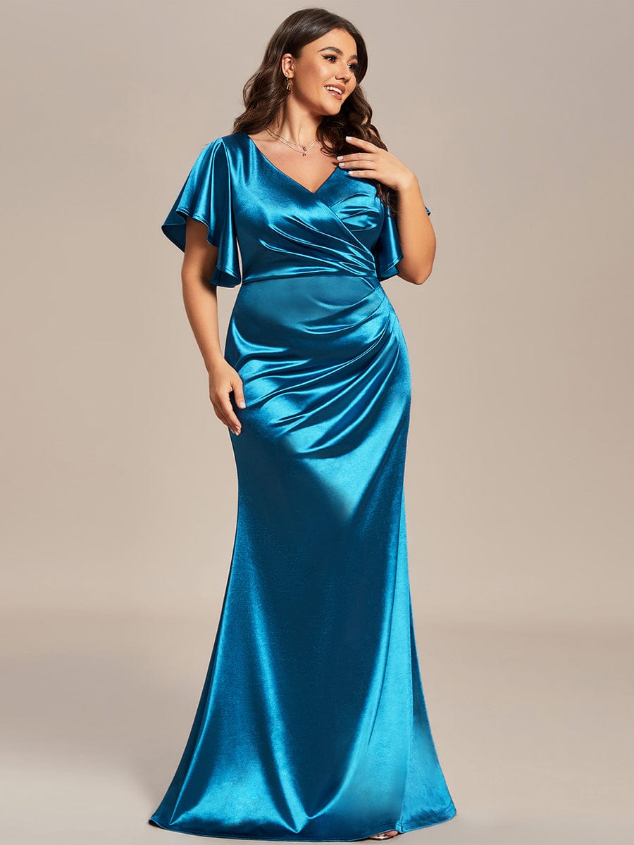 Plus Size Pleated Bodycon Ruffles Sleeve High Stretch Satin Evening Dress #color_Teal