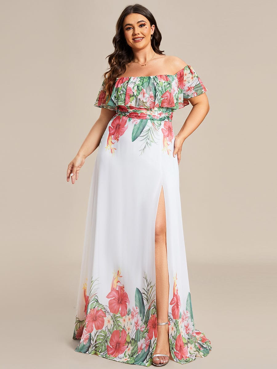Summer Plus Size Off the Shoulder Elastic Waist Printed Evening Dress