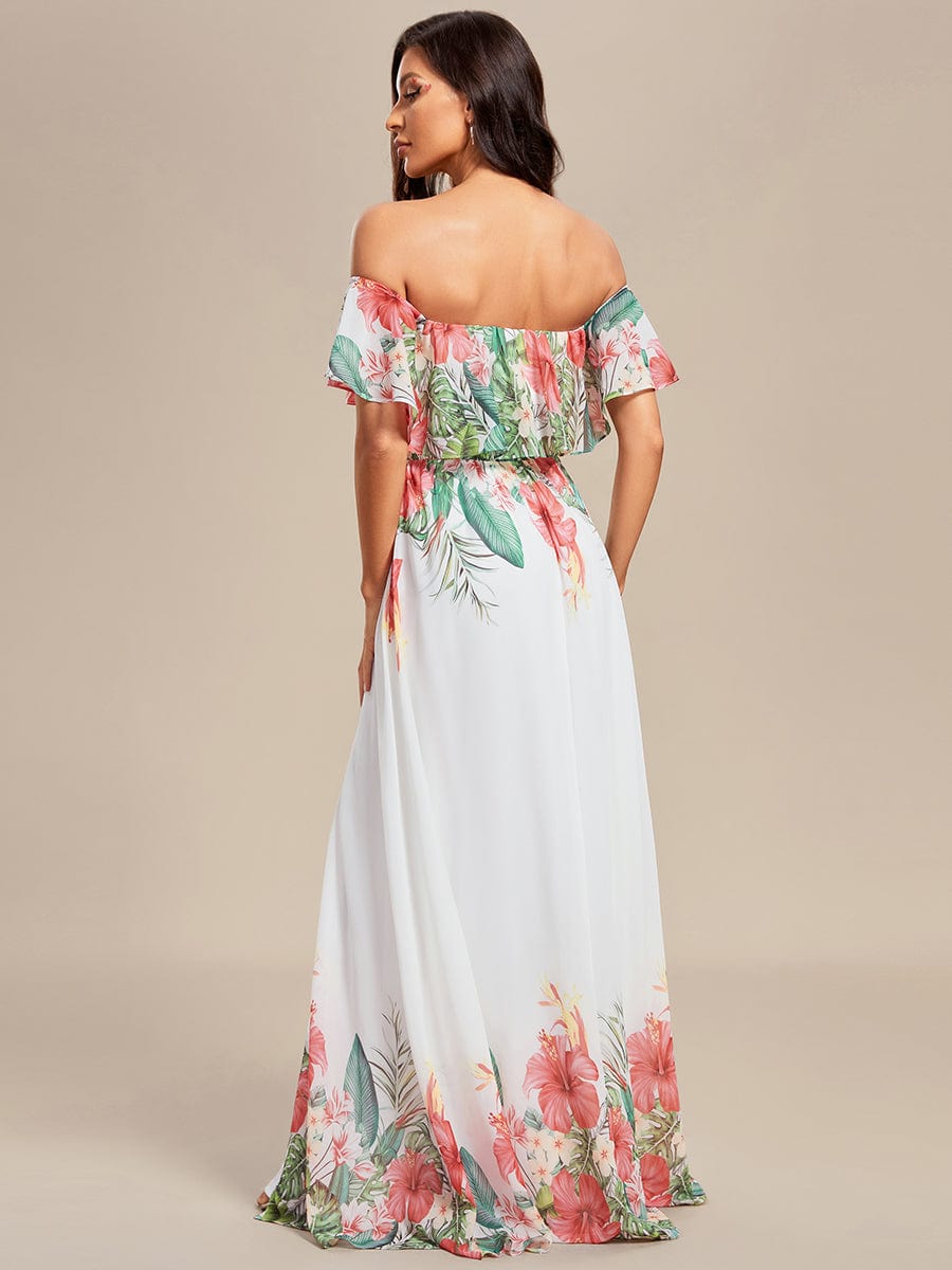 Summer Printed Chiffon Off the Shoulder A-Line Evening Dress #color_White Red