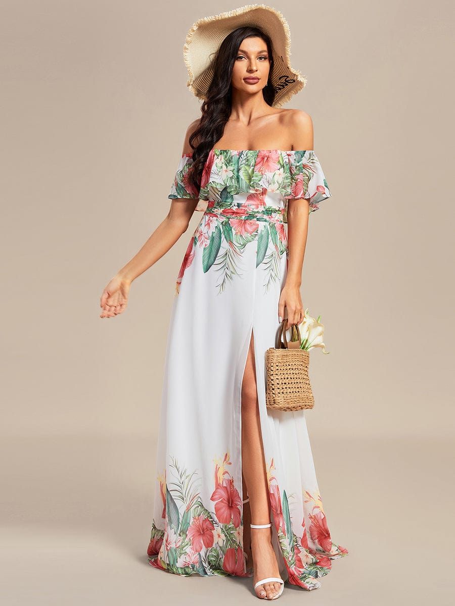 Summer Printed Chiffon Off the Shoulder A-Line Evening Dress