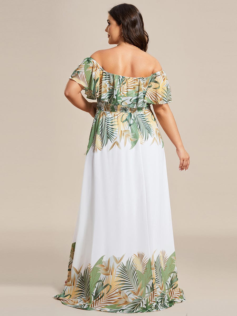 Summer Plus Size Off the Shoulder Elastic Waist Printed Evening Dress #color_White Green