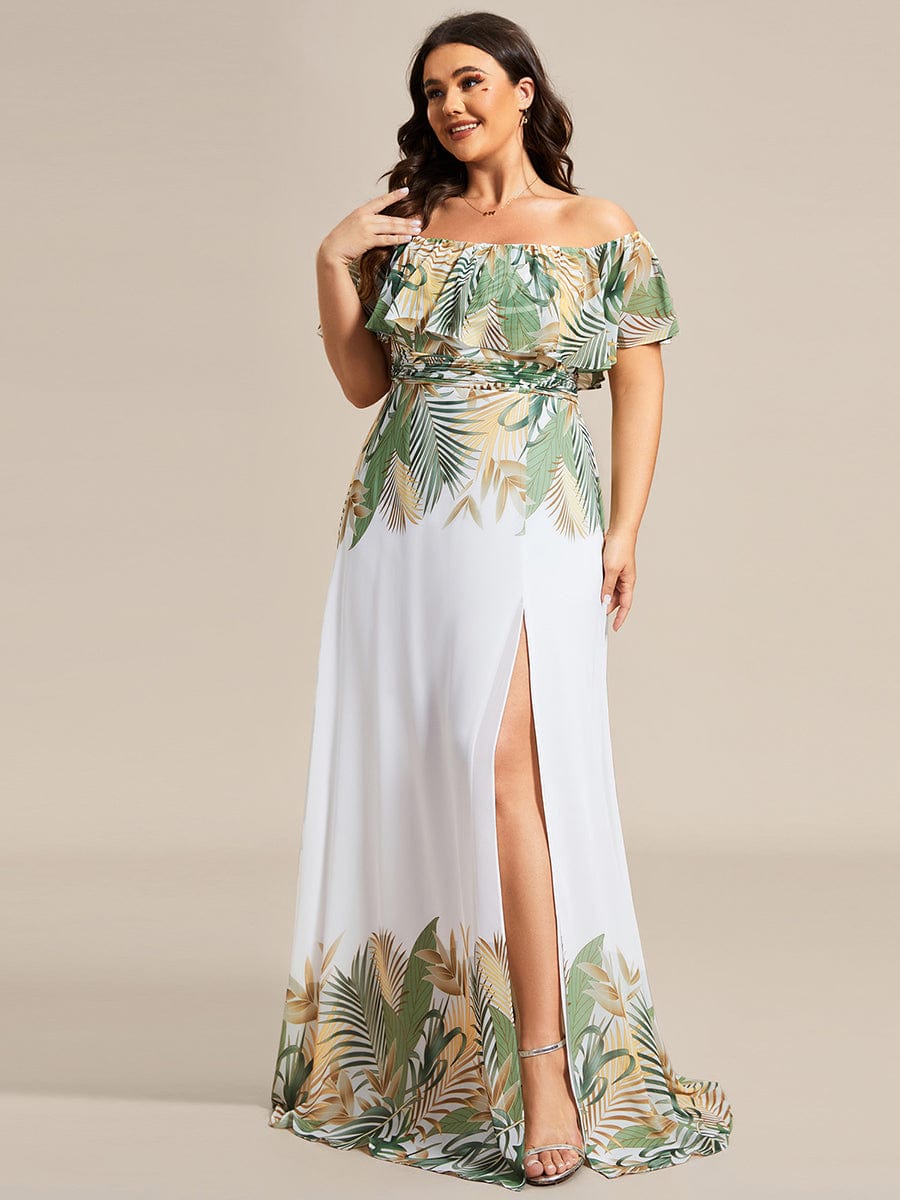 Summer Plus Size Off the Shoulder Elastic Waist Printed Evening Dress #color_White Green