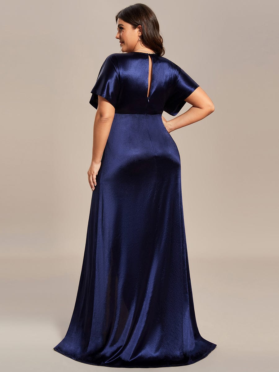 Plus Size High Front Slit Bat-Wing Sleeve Satin Evening Dress #color_Navy Blue