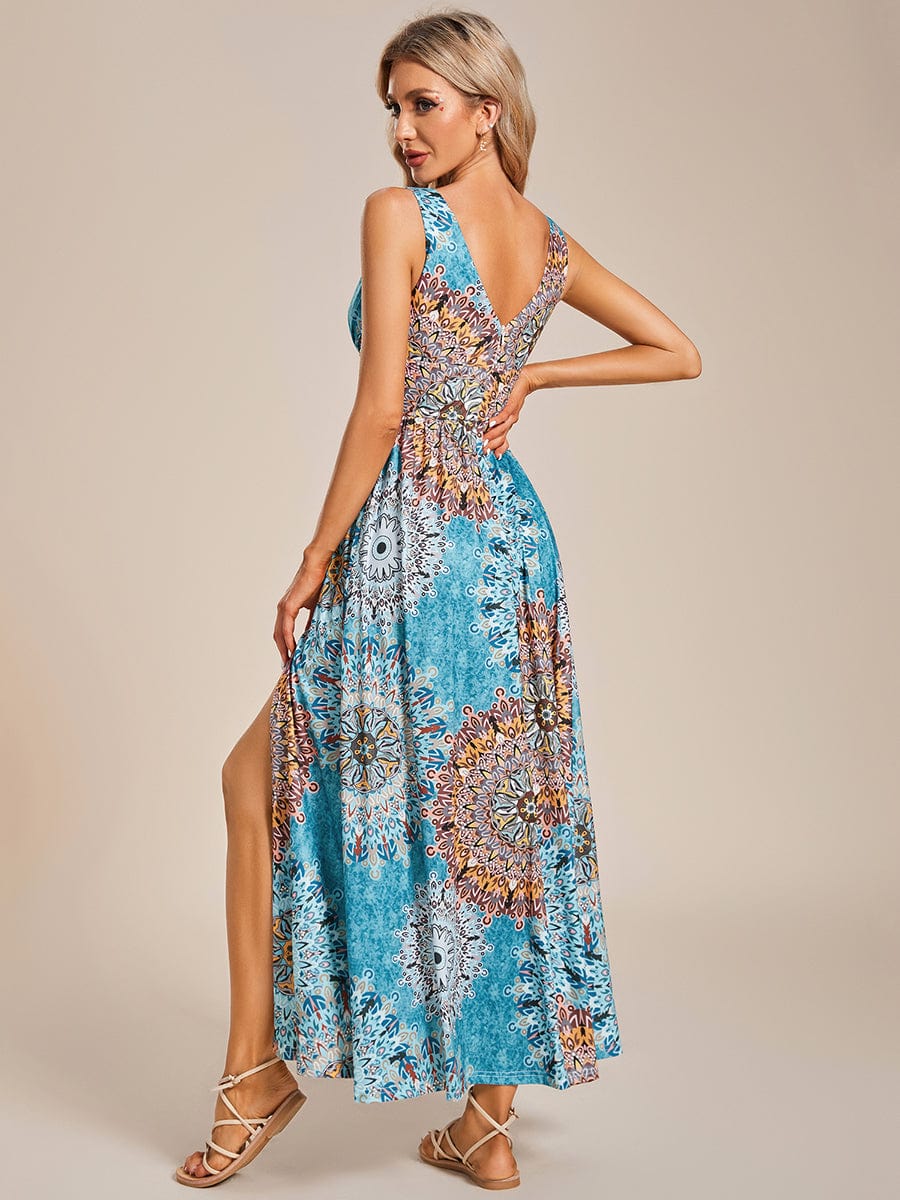 Summer Floral Sleeveless High-Slit Midi Evening Dress #color_Bohemian Light Blue