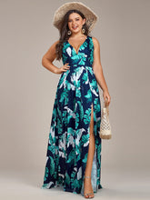 Plus Size Floral Sleeveless High-Slit Midi Evening Dress #color_Navy Green
