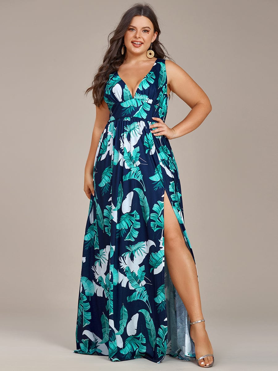 Plus Size Floral Sleeveless High-Slit Ankle Length Evening Dress