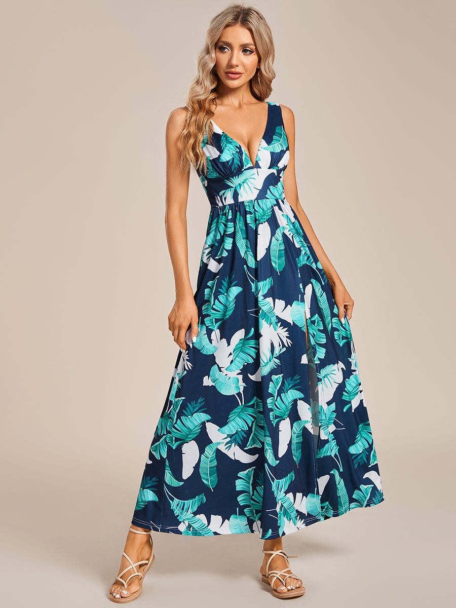 Summer Floral Sleeveless High-Slit Midi Evening Dress #color_Navy Green