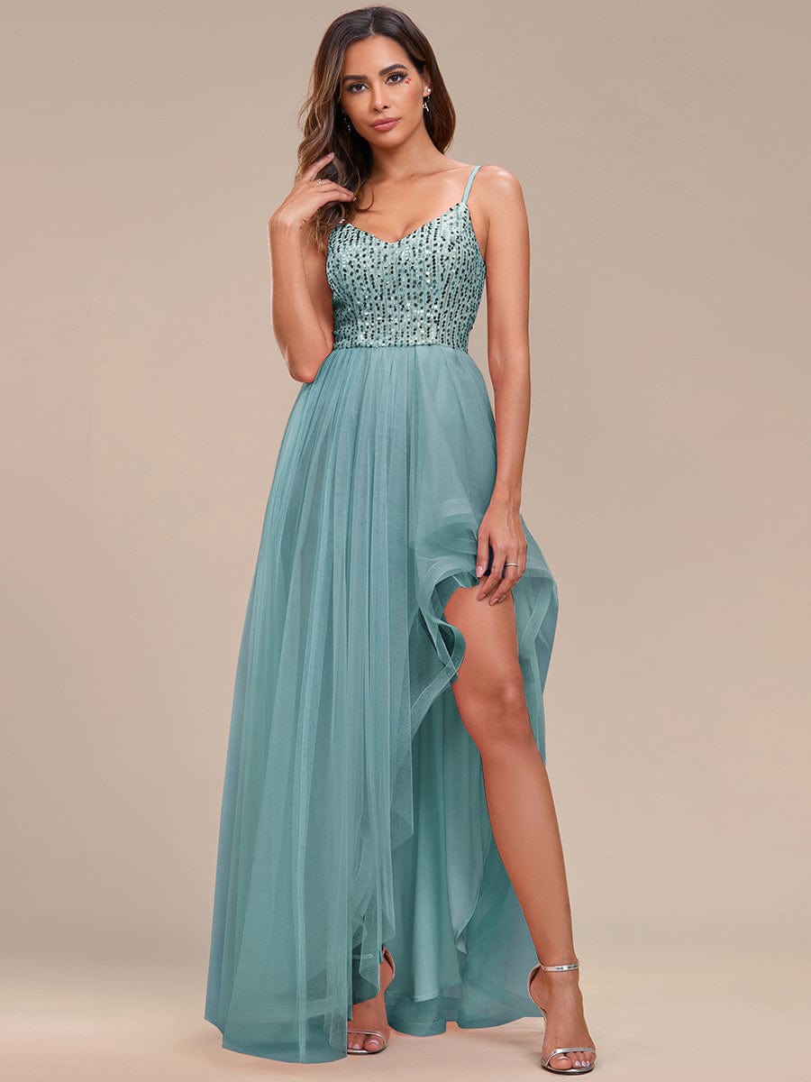 Spaghetti Strap Sequin Top A-Line High Low Tulle Evening Dress #color_Dusty Blue
