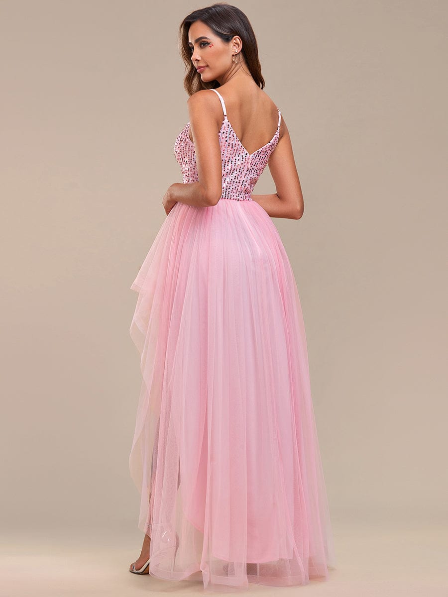 Spaghetti Strap Sequin Top A-Line High Low Tulle Evening Dress #color_Pink