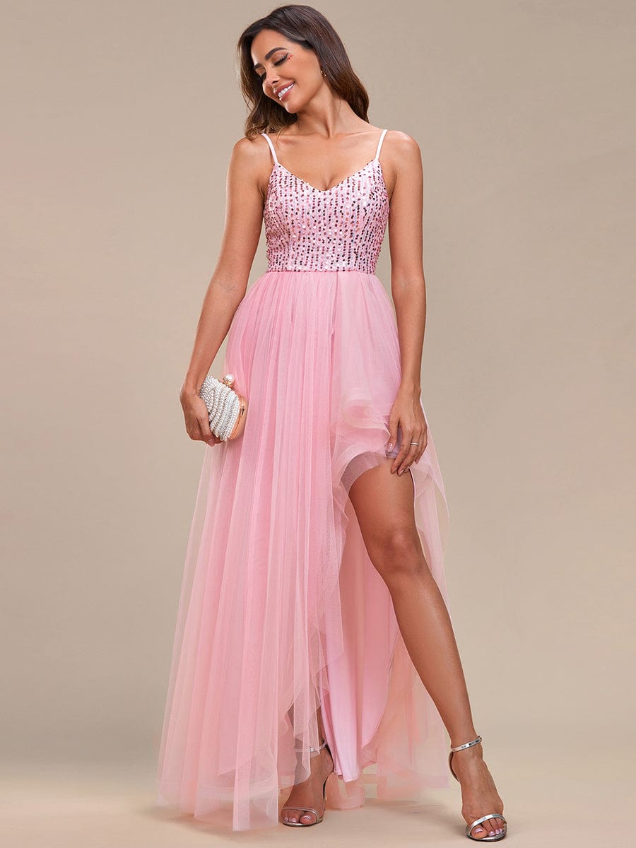 Spaghetti Strap Sequin Top A-Line High Low Tulle Evening Dress #color_Pink