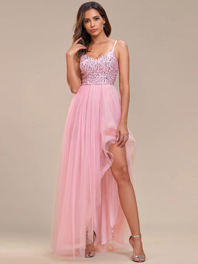Spaghetti Strap Sequin Top A-Line High Low Tulle Evening Dress