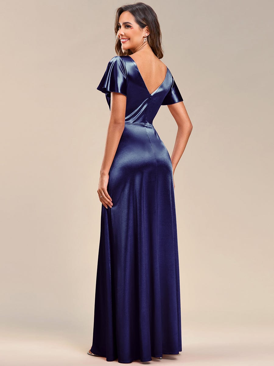 Ruffles Sleeve A-Line Pleated Satin Back V-Neck Evening Dress #color_Navy Blue