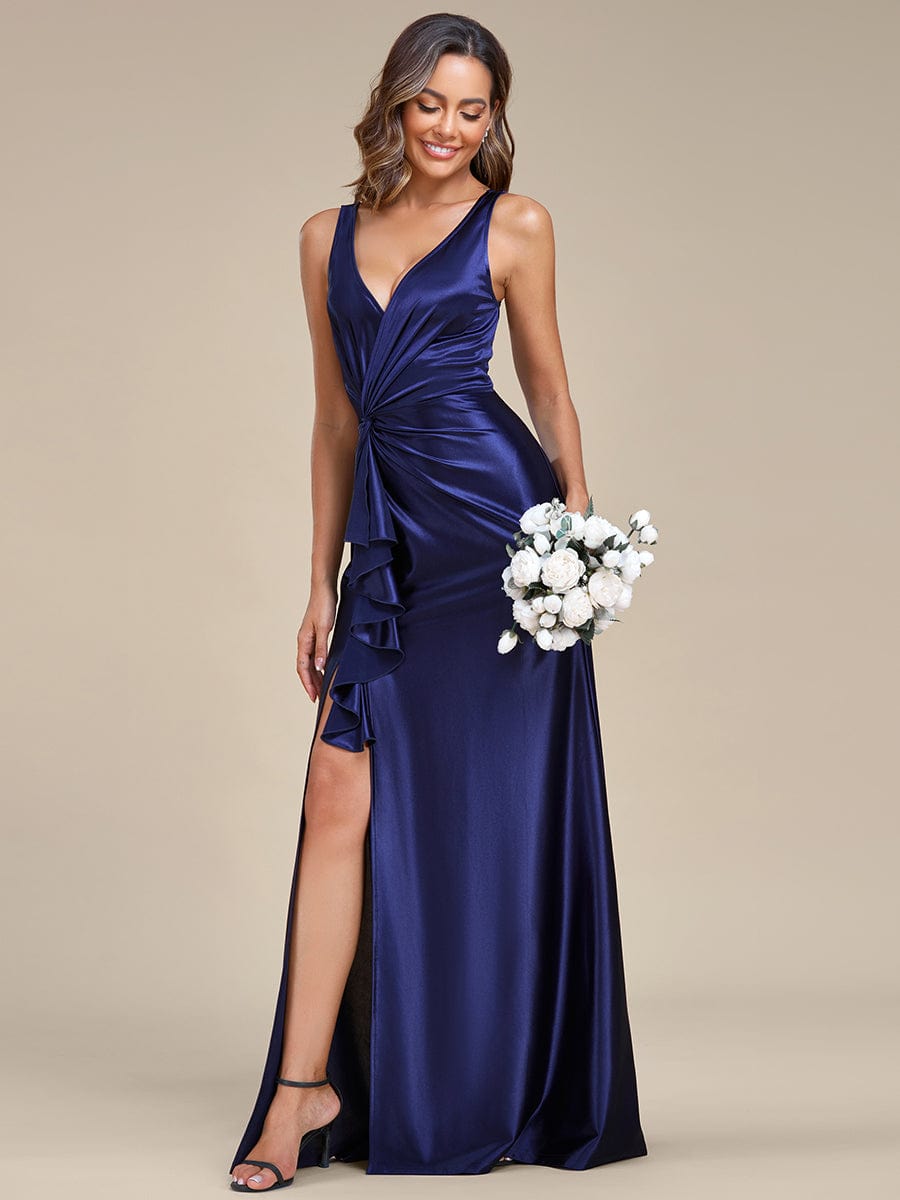 Deep V-Neck Stylish Waist Pleated High Slit Satin Evening Dress #color_Navy Blue