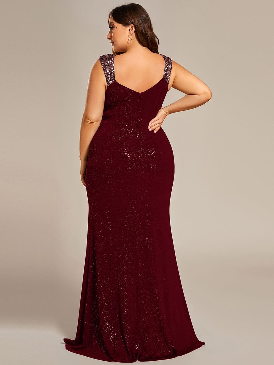 Custom Size Glitter V-Neck High Slit Sequin Shoulder Strap Evening Dress #color_Burgundy